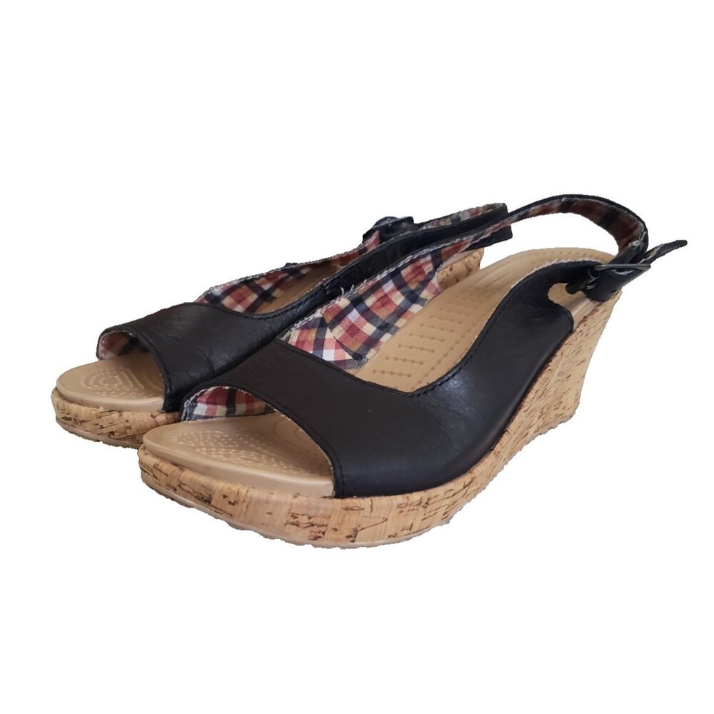 Crocs Wedge Shoes Women's Size 8 Black Slingback Peep Toe Cork Heel Sandals